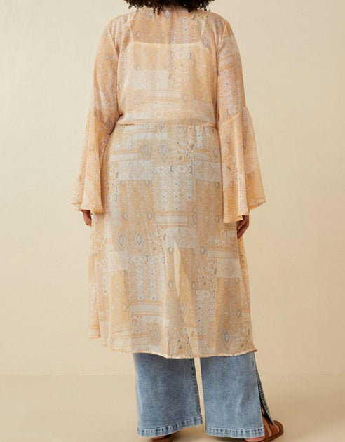 Hayden LA Sheer Patch Print Chiffon Tie Front Duster Beige 2X 4