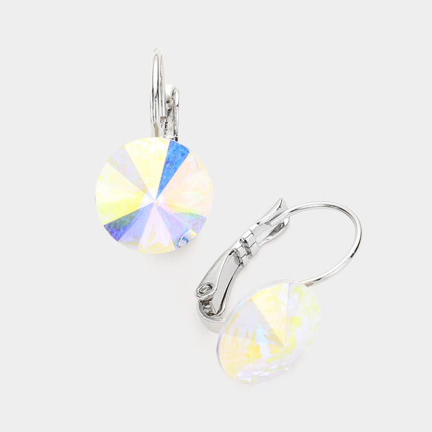 FASHNZFAB Round Crystal Lever Back Earrings Silver 5