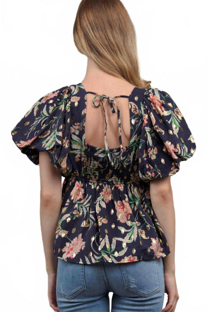 Collective Rack Floral Puffed Button-Down Blue Small 4