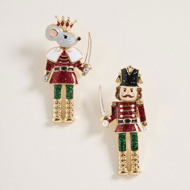 FASHNZFAB Holiday Mismatch Mouse King Nutcracker Earrings Silver 2