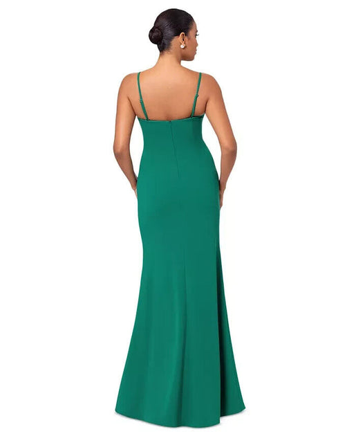 Women's Betsy & Adam Ruched Gown 8 Green Floral Scuba Crepe Spaghetti Strap ERK135