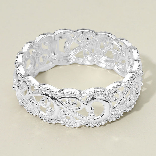 FASHNZFAB Metal Filigree Scrollwork Stretch Bracelet Silver 2