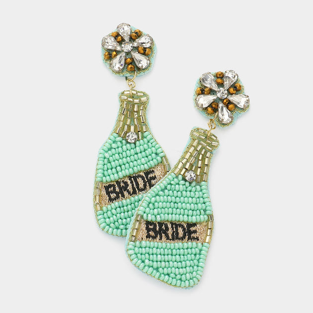Fashnzfab Bride Felt Back Seed Beaded Champagne Dangle Earrings Mint Green 2