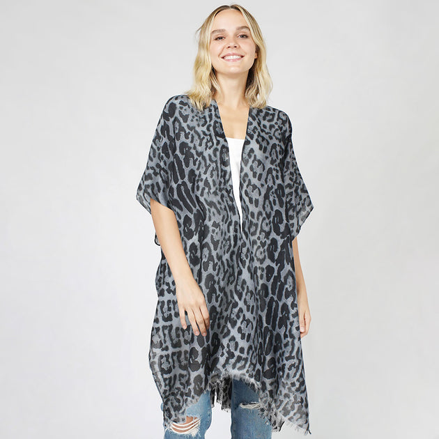 TRUEDAMES Kimono Poncho Gris à Motifs Léopard Taille Unique 6