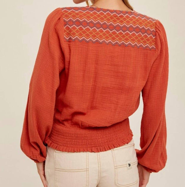 Hem & Thread Embroidered Top Orange Medium 4