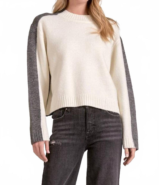 ELAN Color Block Stripe Sleeve Detail Sweater Beige Medium 2