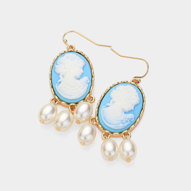 FASHNZFAB Triple Pearl Embellished Cameo Dangle Earrings Light Blue 3