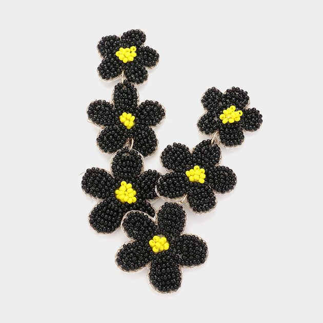 FASHNZFAB Triple Flower Beaded Dropdown Earrings Black 2