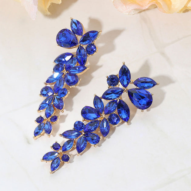 FASHNZFAB Floral Multi Stone Evening Earrings Gold Sapphire Blue 3