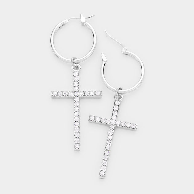 FASHNZFAB Cross Crystal Rhinestone Pin Catch Earrings Clear 3