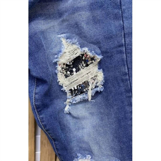 Lulu Clothes Sequin Patch Distressed Skinny Jeans Blue 2X 3