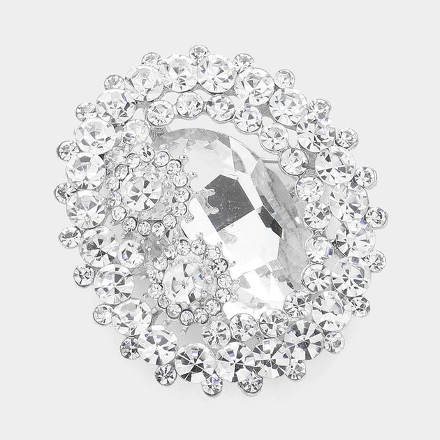 FASHNZFAB Oval Glass Crystal Double Flower Pin Brooch Silver 4
