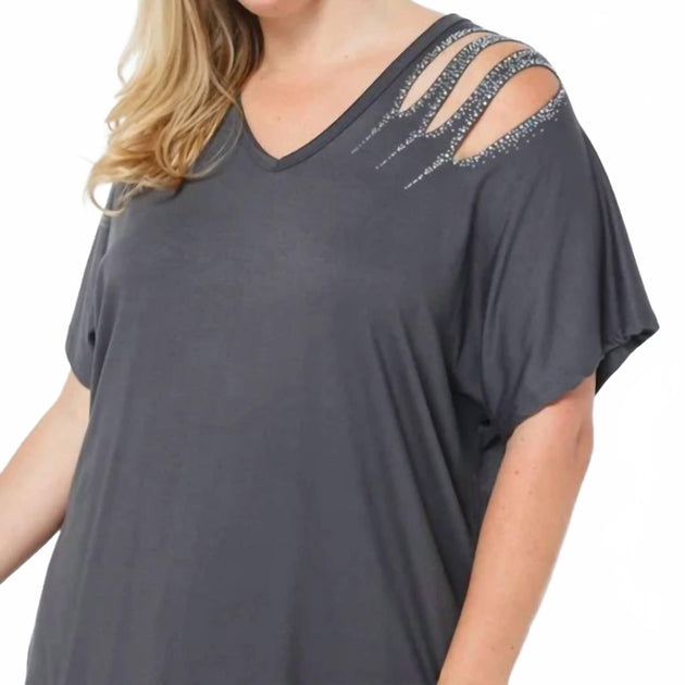 VOCAL APPAREL Laser Cut Stone Shoulder Top Grey Medium 4