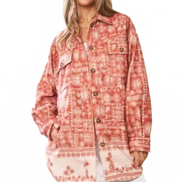 DAVI & DANI Ethnic Border Printed Shacket Pink XLarge 2