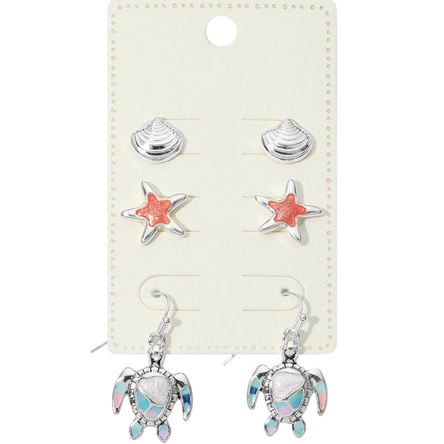 FASHNZFAB 3 Pairs Starfish Sea Turtle Enamel Dangle Earring Set Multi 2