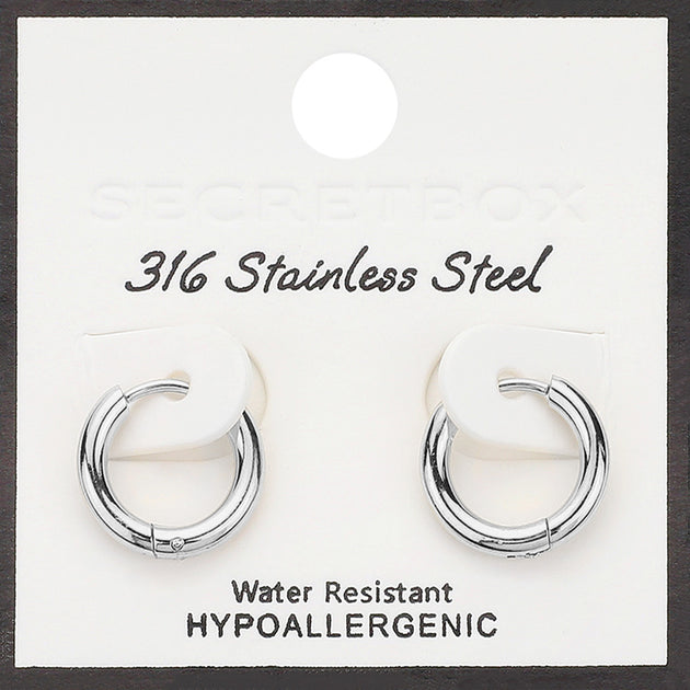 FASHNZFAB Secret Box Stainless Steel Huggie Hoop Earrings Rhodium Silver 3