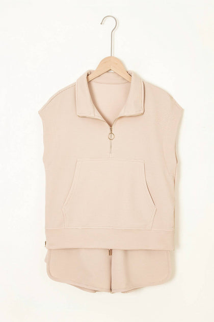 Shewin Half Zip Kangaroo Pocket Top Beige Large 4