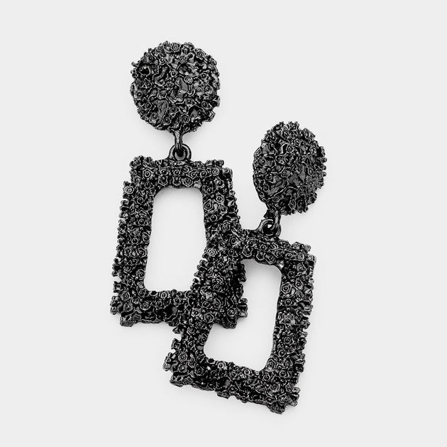 FASHNZFAB Textured Metal Open Trapezoid Knocker Earrings Black 3