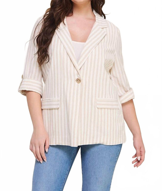 ALLIE ROSE Allie Rose Striped Linen Blazer Beige Medium 2