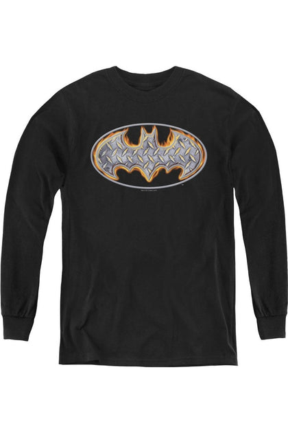 Gildan Batman Steel Fire Shield Youth Long Sleeve T-Shirt Black XLarge 2