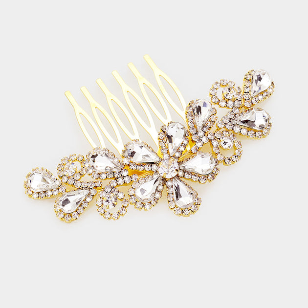 FASHNZFAB Teardrop Stone Flower Leaf Hair Comb Gold 4