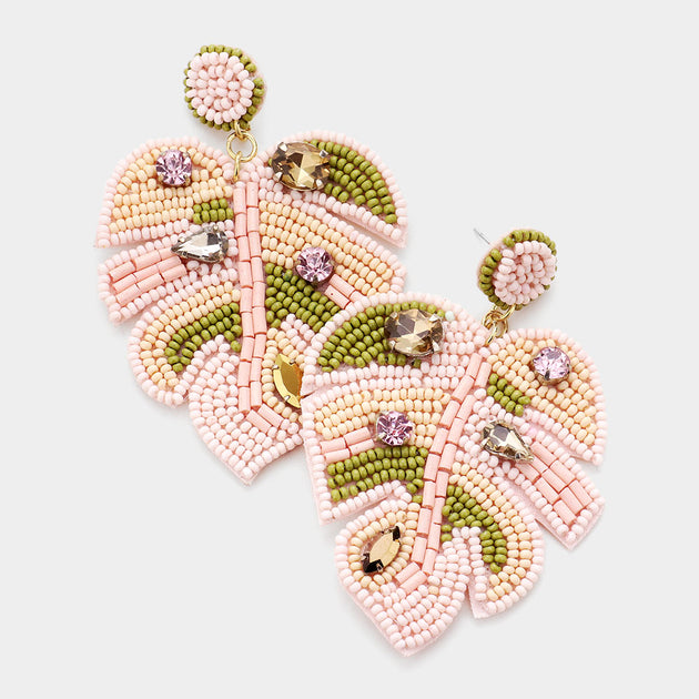 FASHNZFAB Tropical Leaf Dangle Earrings Pink 3