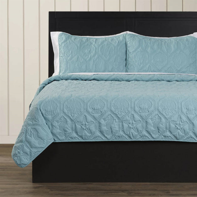 Hivvago King Coastal Beach 3-Piece Quilt Set Blue 3