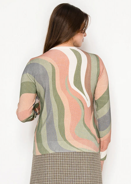 Yal New York Abstract Wave Print Sweater Earth Tones Green Large 3