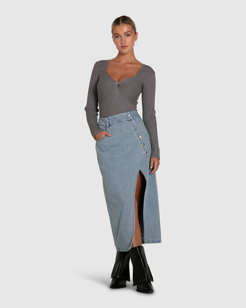 belle & bloom Can't Forget You Denim Midi Skirt White XSmall 2