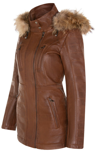 Infinity Damen Slim Fit Leder Kapuzen Parka Jacke-Northam braun Medium 3