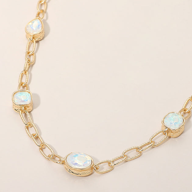 FASHNZFAB Oval Teardrop Square Stone Bezel Link Necklace Blue One Size 2