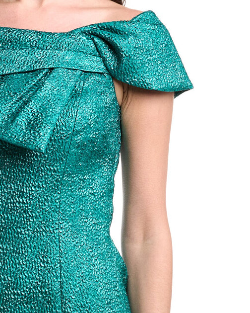 Teri Jon Pebble Jacquard Asymmetrical Bow Shoulder Dress Teal US 10 4