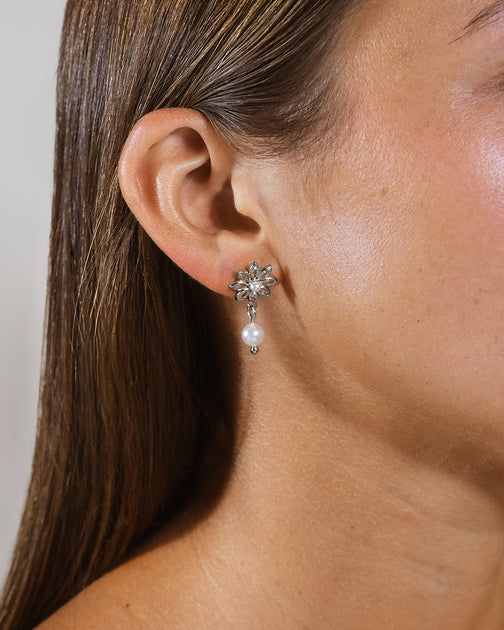Sterling Forever Esti CZ Flower & Pearl Drop Stud Earrings Silver One Size 4