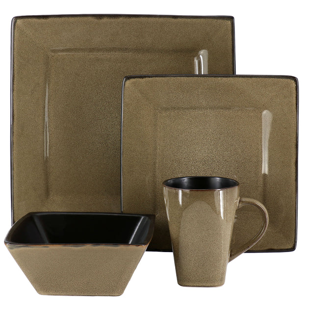 Gibson Kiesling 16 Piece Square Stoneware Dinnerware Set Taupe 3