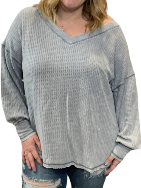 She + Sky Waffle Knit Bubble Sleeve Pullover Sweater Grey 1X 2