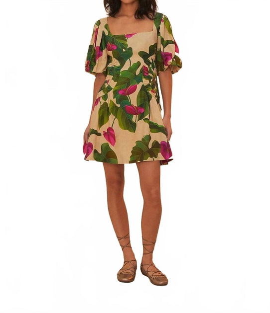 farm rio anthurium leaves linen blend short-sleeve square-neck mini dress Farm Rio Anthurium Linen Mini Dress