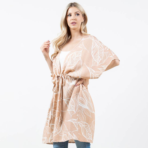 TRUEDAMES Leaf Print Drawstring Kimono Wrap Poncho Beige One Size 3