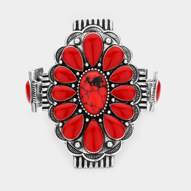 FASHNZFAB Flower Burnished Metal Stretch Bracelet Red Silver One Size 2