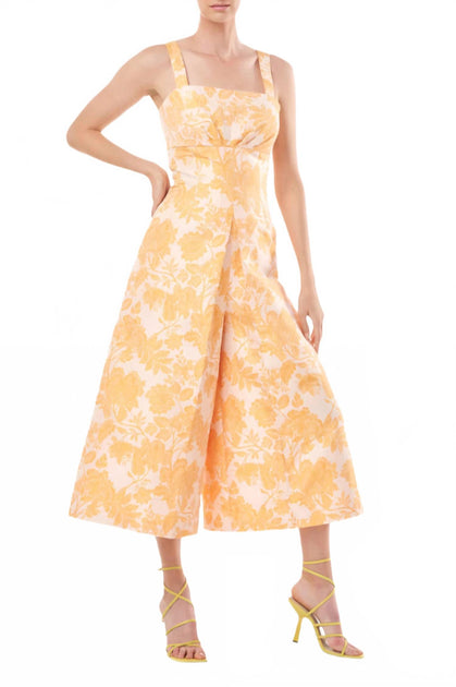 Kay Unger Sleeveless Square Neck Floral Jacquard Jumpsuit Beige US 2 2