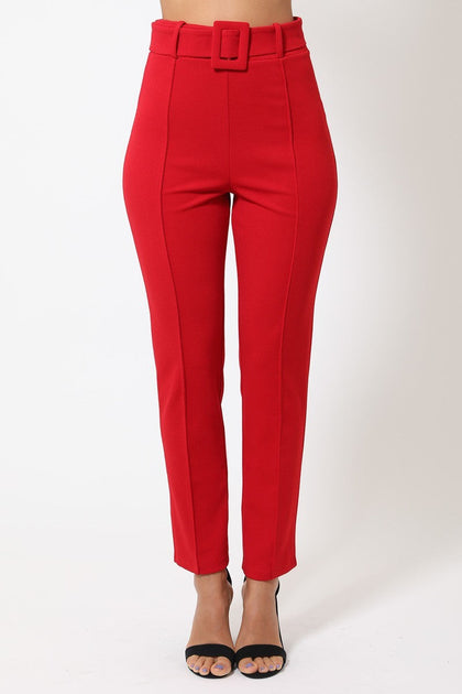 TRUEDAMES Ankle Tapered Buckle Belt Pants Red Small 2