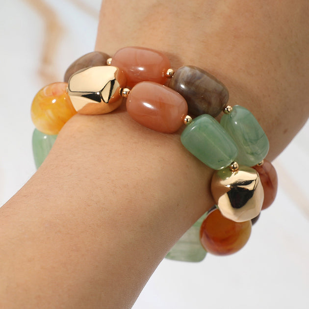 FASHNZFAB Resin Metal Beaded Stretch Bracelet Rust Silver 2