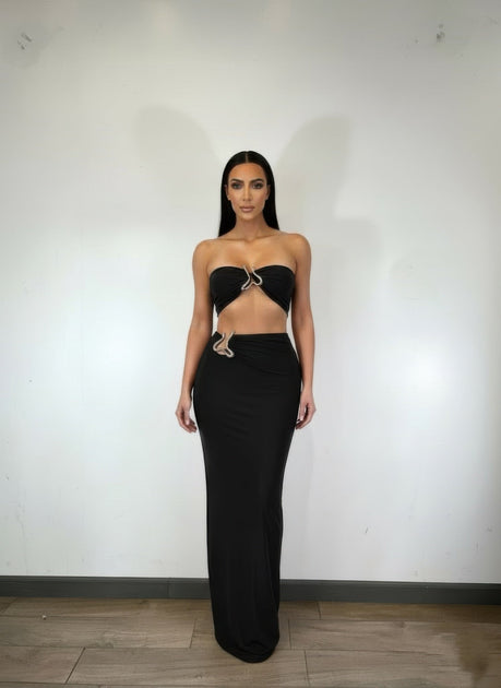 TRUEDAMES Tube Top Trim Detail Skirt Set Black Medium 2
