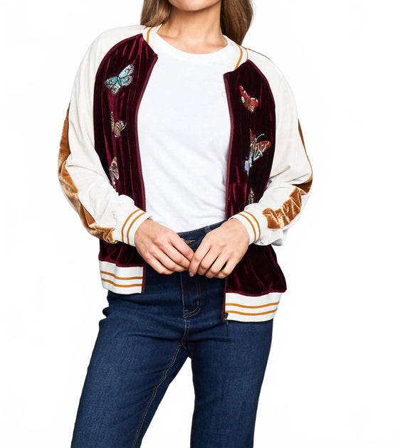 PAPARAZZI Embroidered Velvet Baseball Jacket Red Medium 3