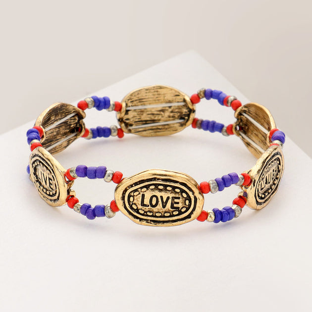 Bracelet Extensible Perles FASHNZFAB Bleu avec Pendentif Message Live Laugh Love Taille Unique 3