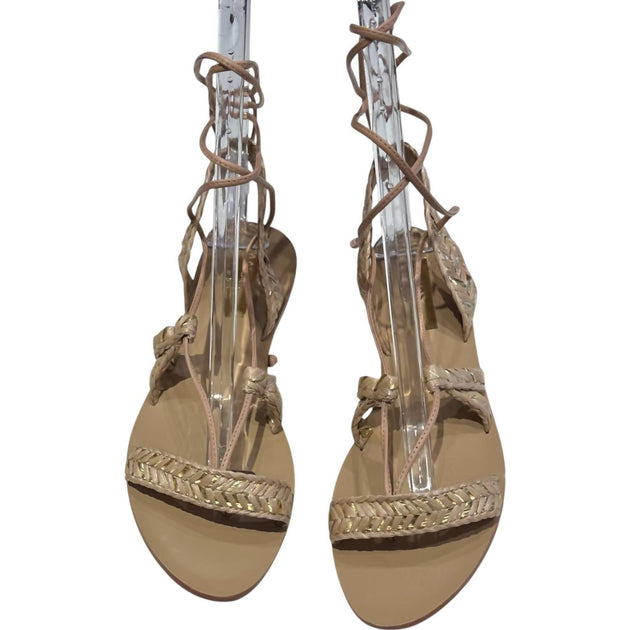 KAANAS Raffia Ankle Wrap Sandals Gold US 8 2