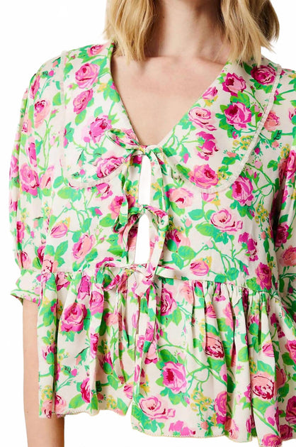 Manoush Rose Print Peplum Blouse Pink EU 38 4