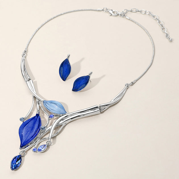 FASHNZFAB Leaf Necklace and Earring Set Blue 4