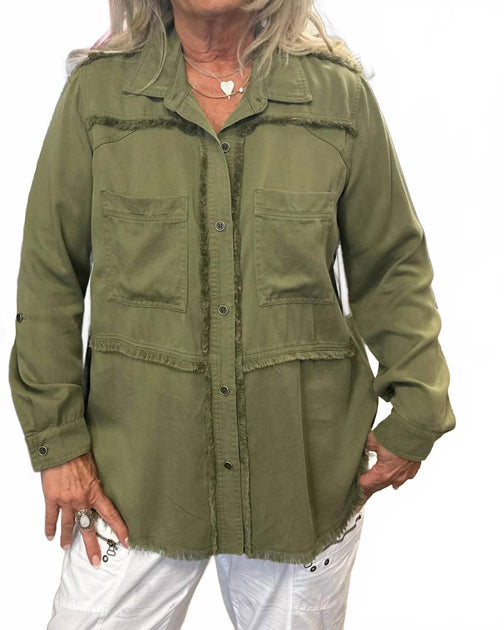 Multiples Fringe Button Down Shirt Green XLarge 2