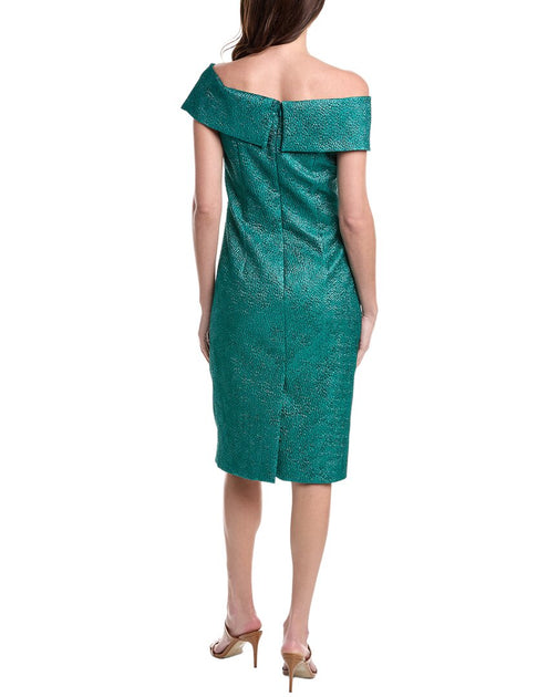Teri Jon Pebble Jacquard Asymmetrical Bow Shoulder Dress Teal US 10 3