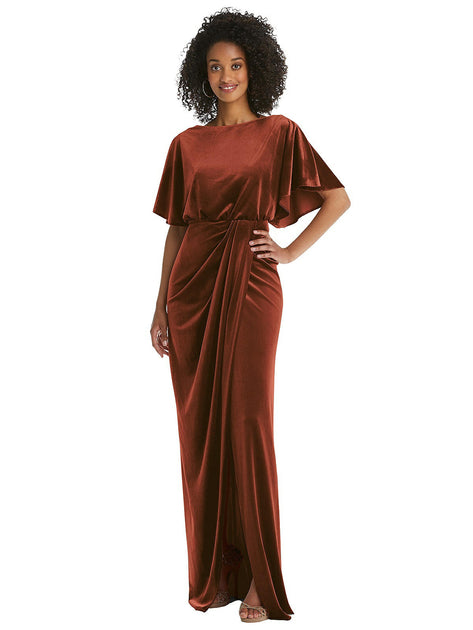 After Six Flutter Sleeve Open-Back Velvet Maxi Dress Green US 2 2